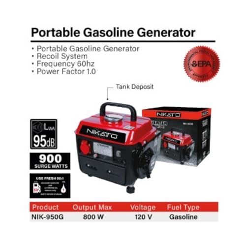 NIKATTO Portable Gasoline Generator, Output Max 800 W, 900 Surge Watts, Voltage 120 V, Recoil System. (USA STOCK)