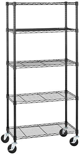 Amazon Basics 5-Shelf Adjustable, Heavy Duty Storage Shelving Unit on 4'' Wheel Casters, Metal Organizer Wire Rack, 30" L x 14" W x 64.75" H, Black