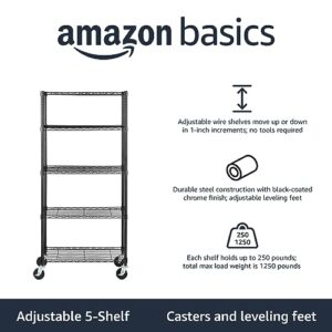 Amazon Basics 5-Shelf Adjustable, Heavy Duty Storage Shelving Unit on 4'' Wheel Casters, Metal Organizer Wire Rack, 30" L x 14" W x 64.75" H, Black