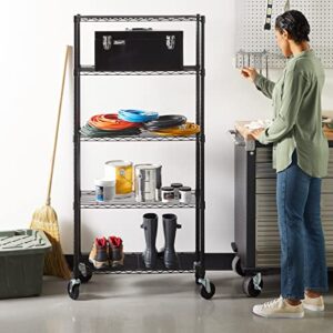 Amazon Basics 5-Shelf Adjustable, Heavy Duty Storage Shelving Unit on 4'' Wheel Casters, Metal Organizer Wire Rack, 30" L x 14" W x 64.75" H, Black