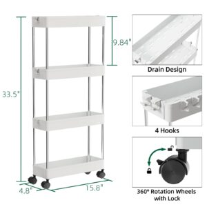 OTK Slim Storage Cart 4 Tier Mobile Shelving Unit Organizer, Utility Rolling Shelf Cart with Wheels for Bathroom Kitchen Bedroom Office Laundry Narrow Places，White