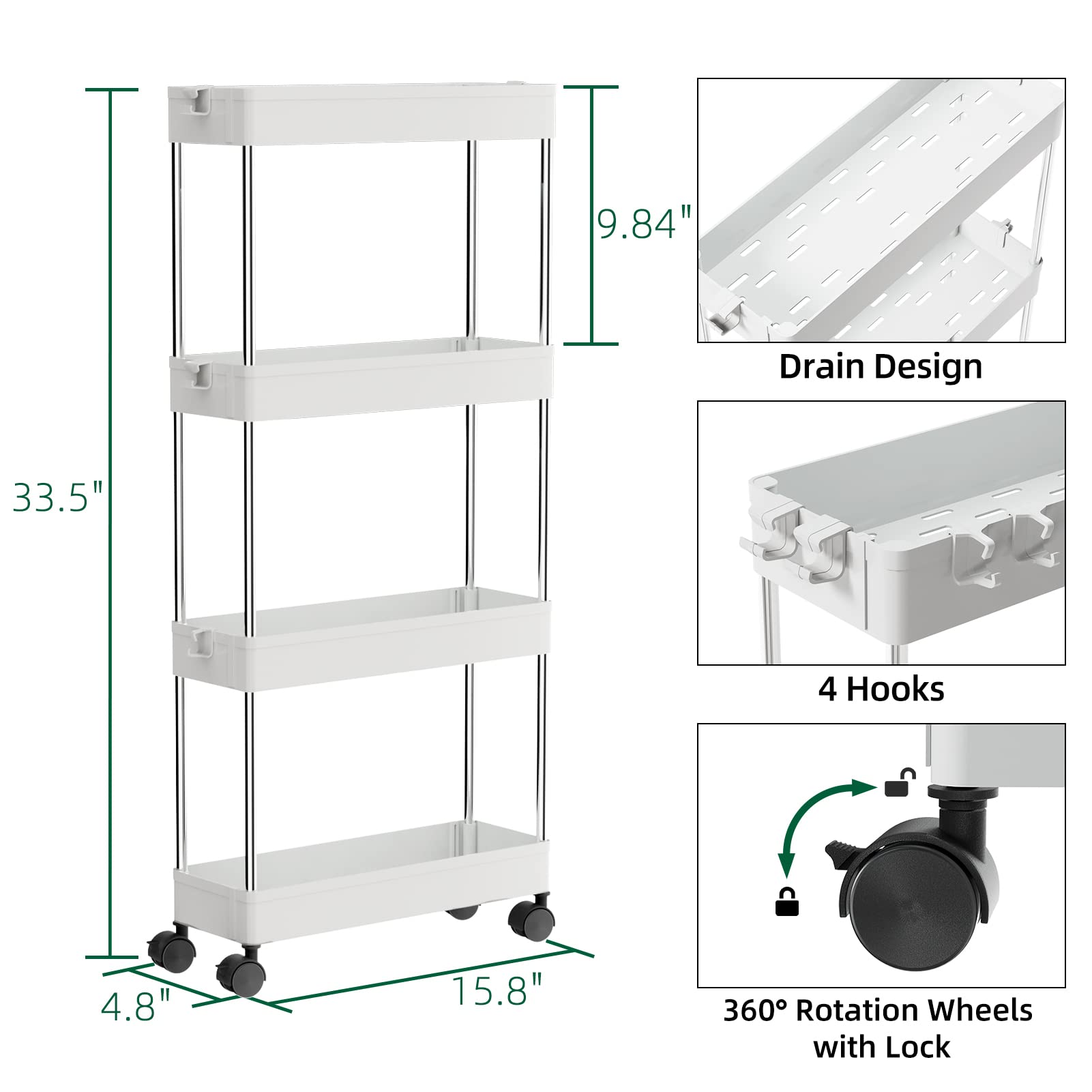 OTK Slim Storage Cart 4 Tier Mobile Shelving Unit Organizer, Utility Rolling Shelf Cart with Wheels for Bathroom Kitchen Bedroom Office Laundry Narrow Places，White