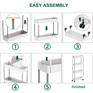 OTK Slim Storage Cart 4 Tier Mobile Shelving Unit Organizer, Utility Rolling Shelf Cart with Wheels for Bathroom Kitchen Bedroom Office Laundry Narrow Places，White