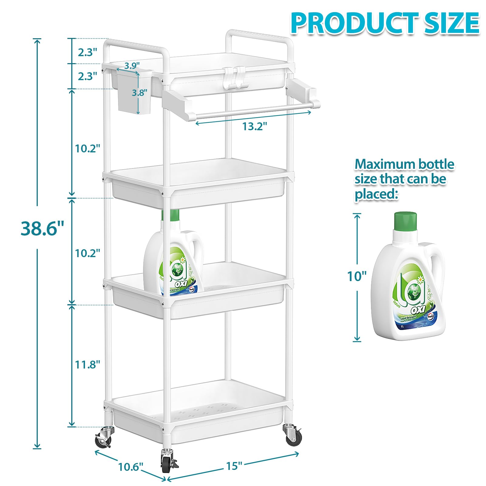 SPACEKEEPER Rolling Storage Cart, 4-Tier Bathroom Organizer Utility Cart Laundry Room Organization Mobile Shelving Unit with Towel Rack, Lockable Wheel, Hooks & Cup for Kitchen Bedroom Office, White