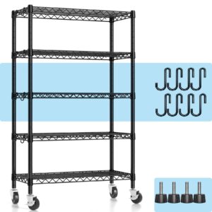 Hodonas Metal Shelving Unit with Wheels, 5-tier Wire Shelving with Adjustable Shelves for Storage, Freestanding Heavy Duty Metal Wire Storage Shelf Rack for Pantry Garage Kitchen, 36"W x 14"D x 75"H