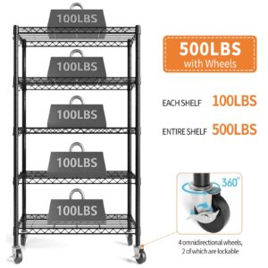 Hodonas Metal Shelving Unit with Wheels, 5-tier Wire Shelving with Adjustable Shelves for Storage, Freestanding Heavy Duty Metal Wire Storage Shelf Rack for Pantry Garage Kitchen, 36"W x 14"D x 75"H
