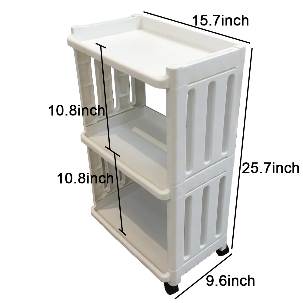 Rolling Storage Utility Cart Slim Organizer Shelf with Wheels 3 Tier Narrow Places Mobile Shelving Unit Tower Rack for Kitchen Bathroom Laundry Room Home Office Bedroom Living Room Washroom, White