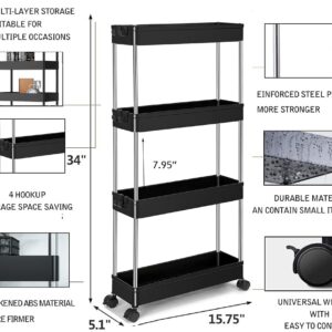 Slim Storage Cart Shelf Removable 4-Tier Rolling Trolley Storage Organizer Carts Rack with 4 Storage Baskets and Wheels for Kitchen Living Room Bathroom Bedroom Narrow Places