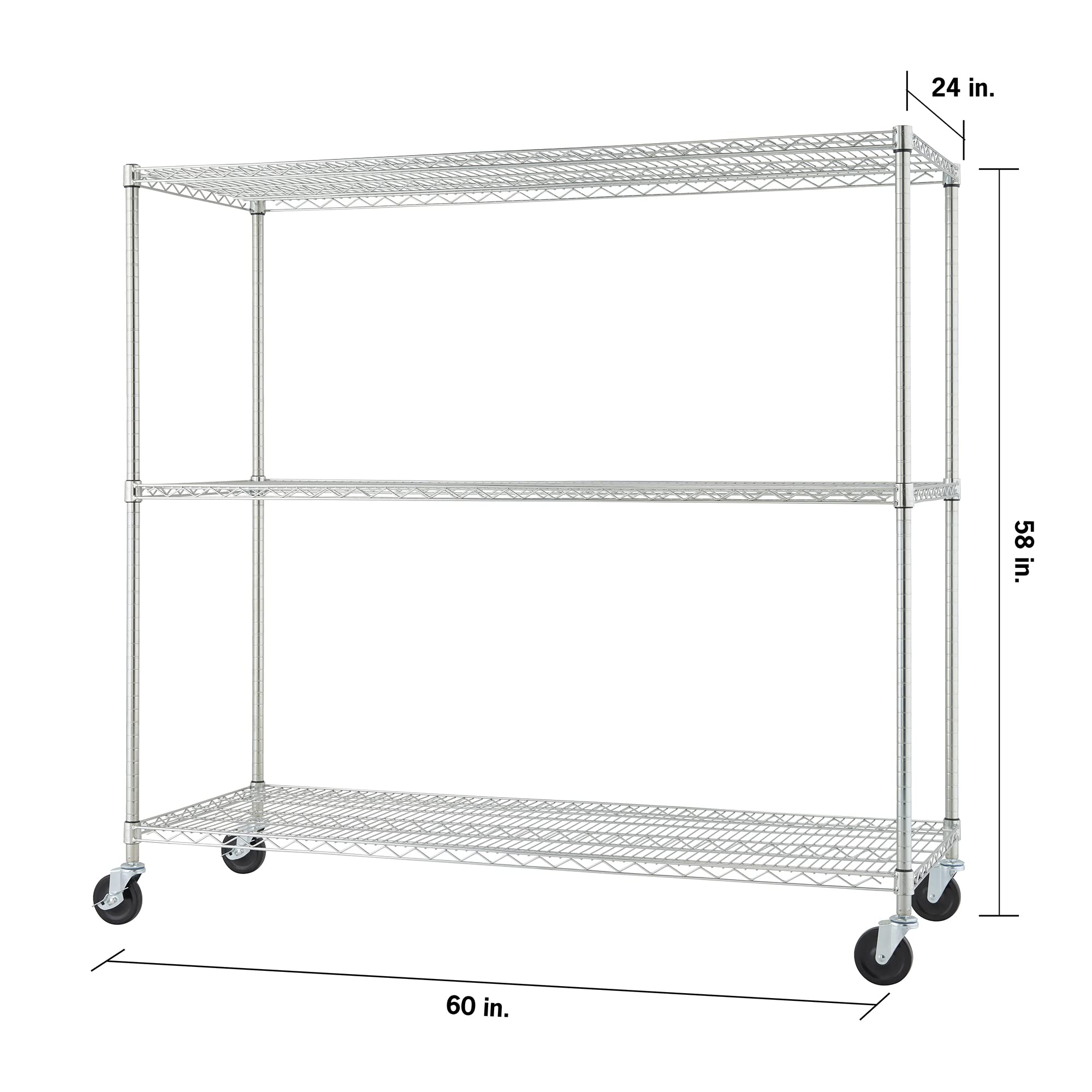 TRINITY Basics 3-Tier Adjustable Wire Shelving with Wheels for Kitchen Organization, Garage Storage, Laundry Room, NSF Certified, 600 to 1350 Pound Capacity, 60” by 24” by 54”, EcoStorage Chrome