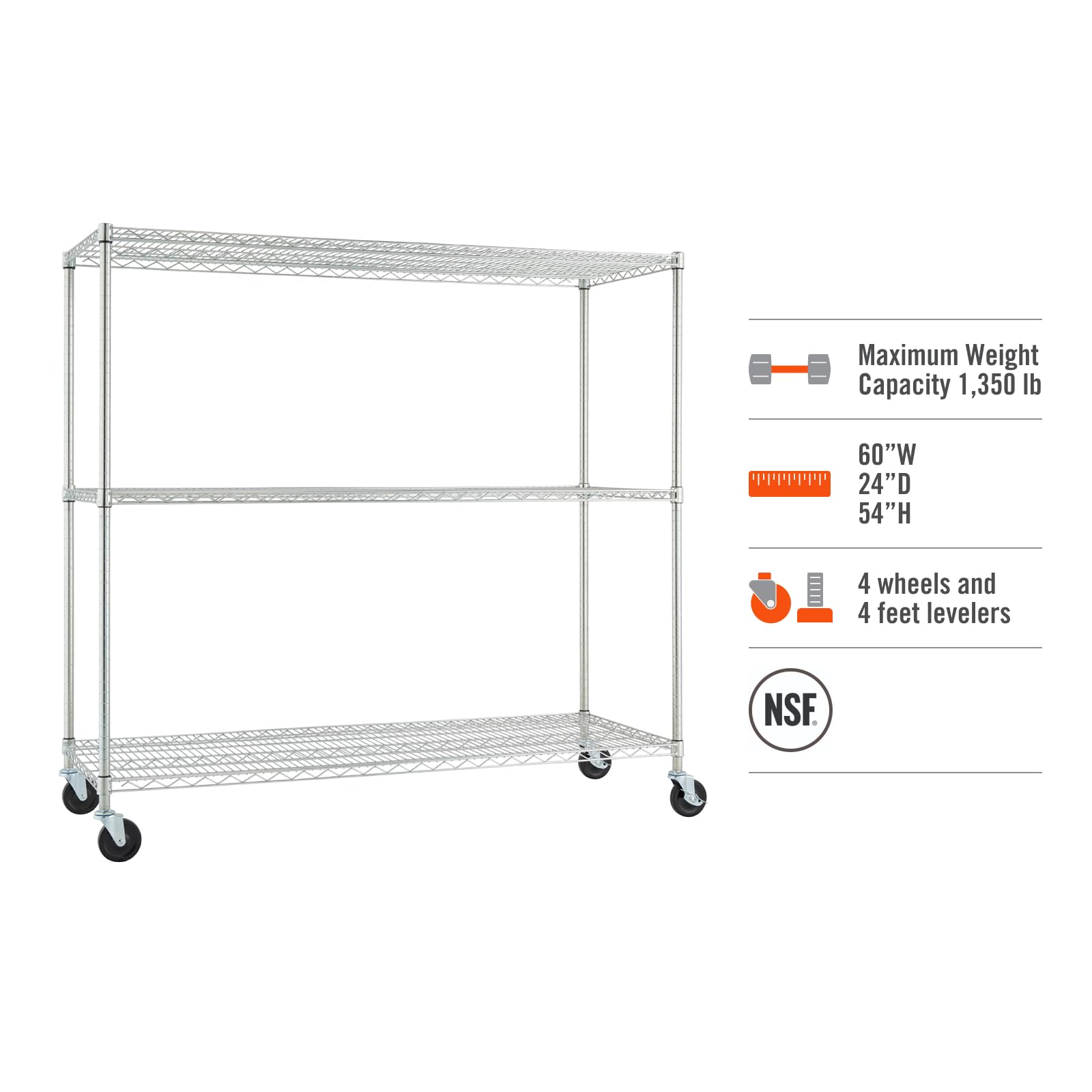 TRINITY Basics 3-Tier Adjustable Wire Shelving with Wheels for Kitchen Organization, Garage Storage, Laundry Room, NSF Certified, 600 to 1350 Pound Capacity, 60” by 24” by 54”, EcoStorage Chrome