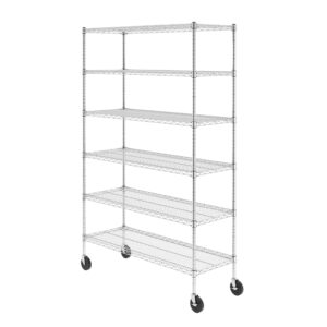 saferacks nsf certified storage shelves, heavy duty steel wire shelving unit with wheels and adjustable feet, used as pantry shelf, garage or bakers rack kitchen shelving - (18"x48"x72" 6-tier)