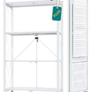 ALANNG Folding Storage Shelves with Wheels, Bookshelf with Storage, No Assembly Metal Rack Shelf for Kitchen, Office, Laundry, Garage (4 Tier, White)