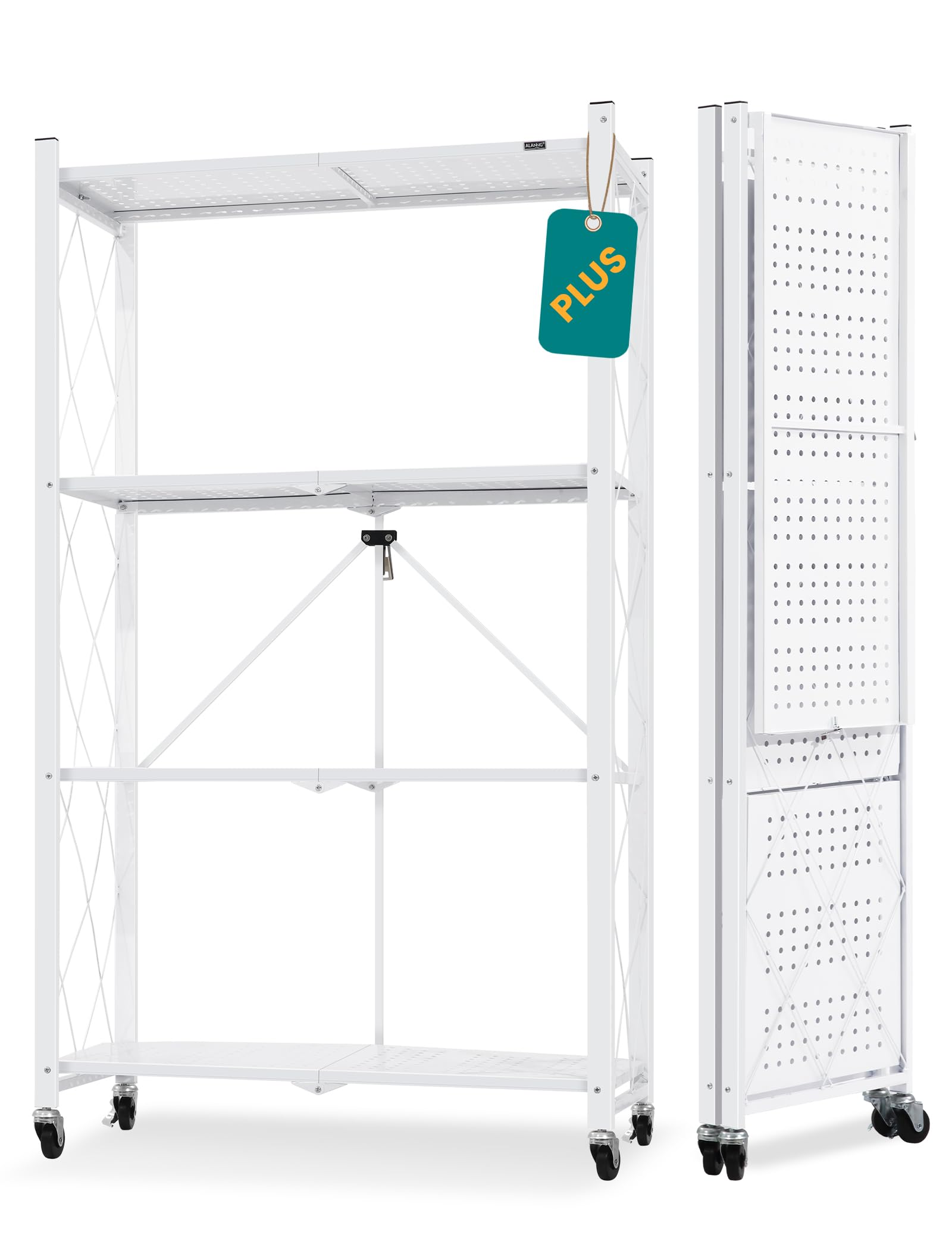 ALANNG Folding Storage Shelves with Wheels, Bookshelf with Storage, No Assembly Metal Rack Shelf for Kitchen, Office, Laundry, Garage (4 Tier, White)