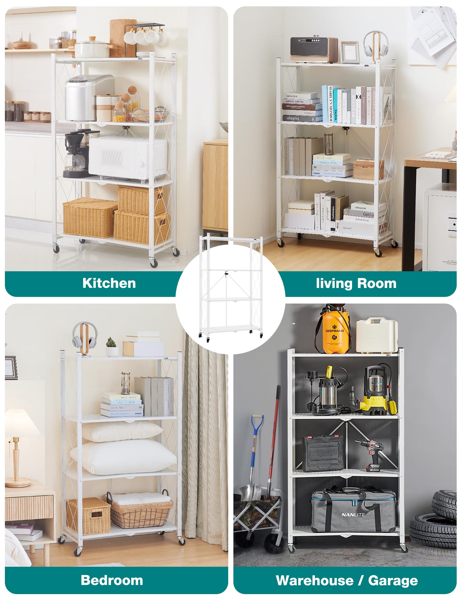 ALANNG Folding Storage Shelves with Wheels, Bookshelf with Storage, No Assembly Metal Rack Shelf for Kitchen, Office, Laundry, Garage (4 Tier, White)