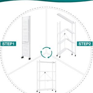 ALANNG Folding Storage Shelves with Wheels, Bookshelf with Storage, No Assembly Metal Rack Shelf for Kitchen, Office, Laundry, Garage (4 Tier, White)