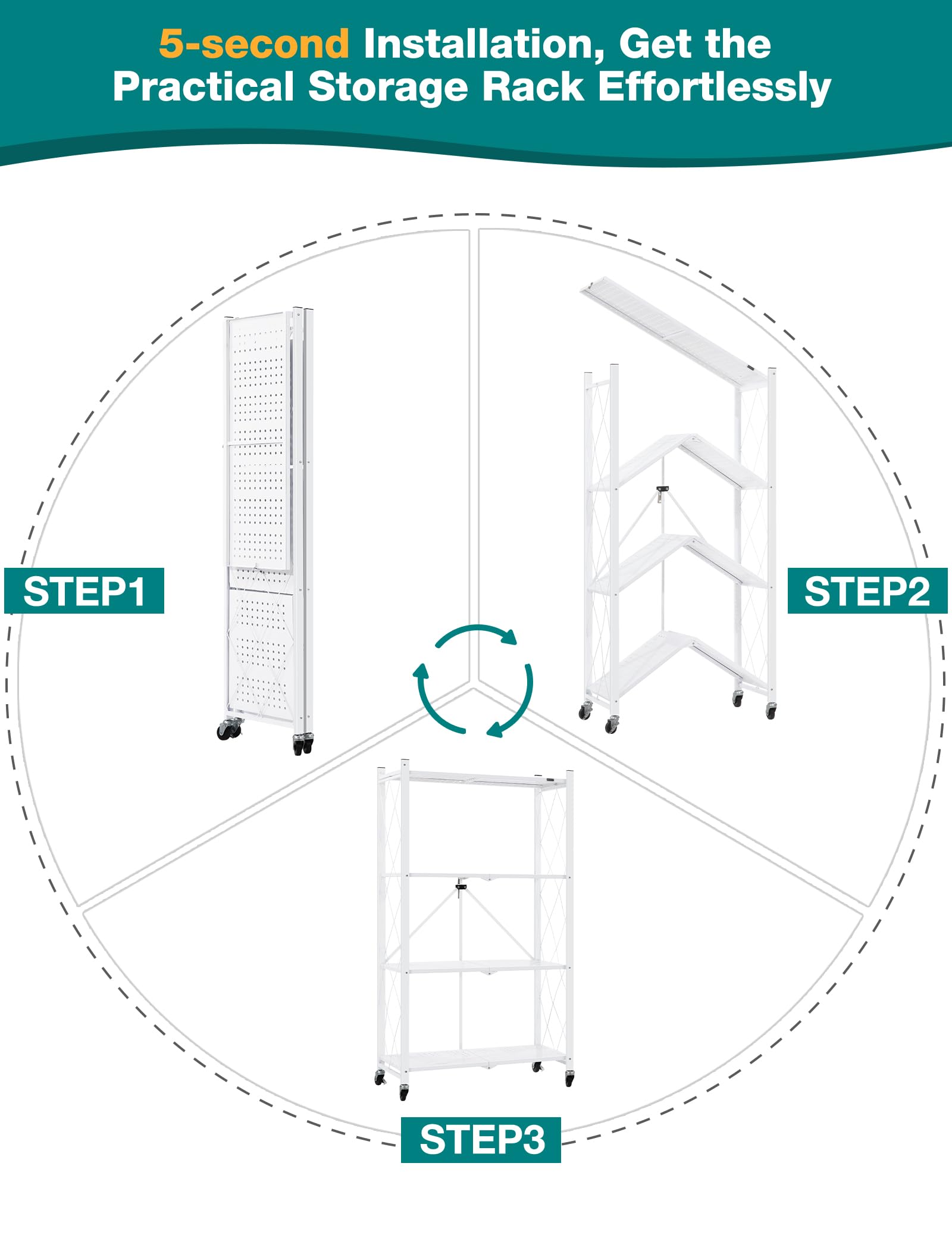 ALANNG Folding Storage Shelves with Wheels, Bookshelf with Storage, No Assembly Metal Rack Shelf for Kitchen, Office, Laundry, Garage (4 Tier, White)