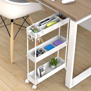 SPACELEAD Slim Storage Cart,3 Tier Bathroom Rolling Utility Cart Storage Organizer Slide Out Cart, Mobile Shelving Unit Organizer trolley for Office Bathroom Kitchen Laundry Room Narrow Places, White