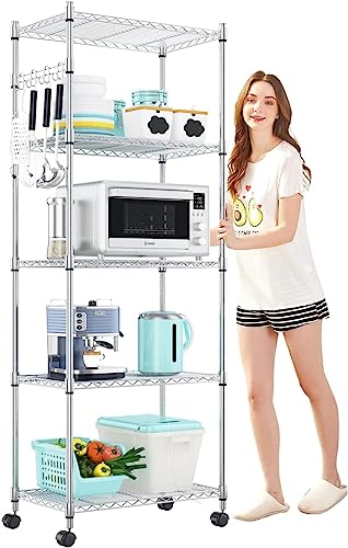 Devo Storage Shelf Metal Storage Shelves with Wheels, Stainless Steel Standing Shelf for for Kitchen, Laundry room, (24" * 14" * 71", Silver)