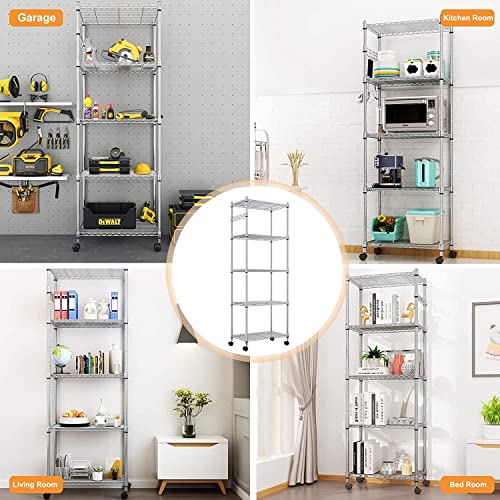 Devo Storage Shelf Metal Storage Shelves with Wheels, Stainless Steel Standing Shelf for for Kitchen, Laundry room, (24" * 14" * 71", Silver)