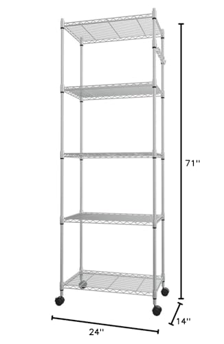 Devo Storage Shelf Metal Storage Shelves with Wheels, Stainless Steel Standing Shelf for for Kitchen, Laundry room, (24" * 14" * 71", Silver)