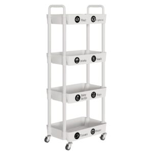 Laiensia 4-Tier Storage Cart,Multifunction Utility Rolling Cart Kitchen Storage Organizer,Mobile Shelving Unit Cart with Lockable Wheels for Bathroom,Laundry,Living Room,With Classified Stickers,White