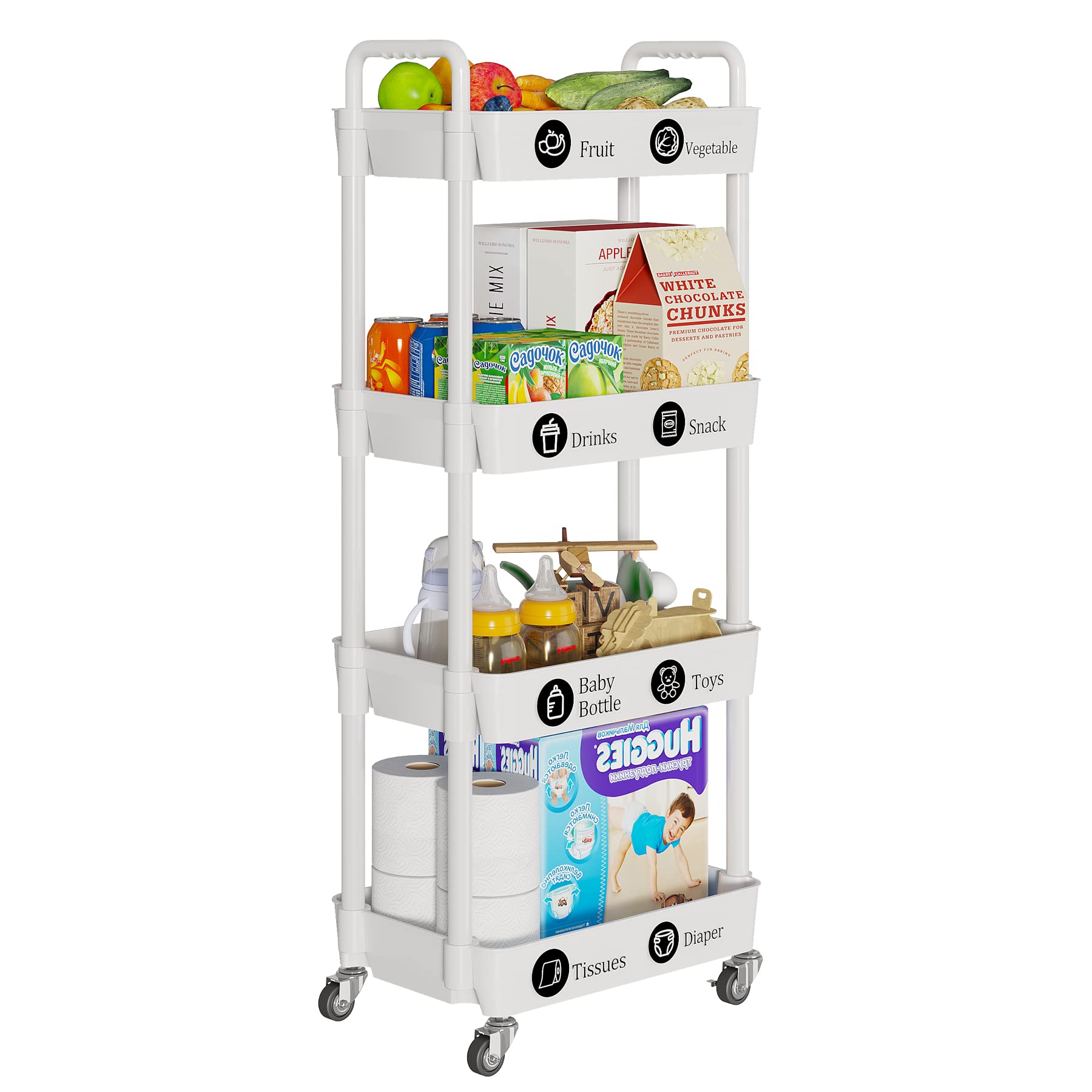 Laiensia 4-Tier Storage Cart,Multifunction Utility Rolling Cart Kitchen Storage Organizer,Mobile Shelving Unit Cart with Lockable Wheels for Bathroom,Laundry,Living Room,With Classified Stickers,White