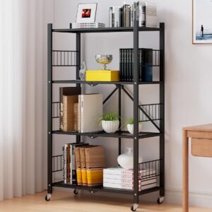 MOLYHOM Folding Storage Shelves, 4-Tier Metal Collapsible Shelves with Wheels, Shelving Units and Storage Rack, Rolling Shelf No Assembly…