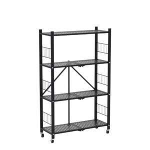 MOLYHOM Folding Storage Shelves, 4-Tier Metal Collapsible Shelves with Wheels, Shelving Units and Storage Rack, Rolling Shelf No Assembly…