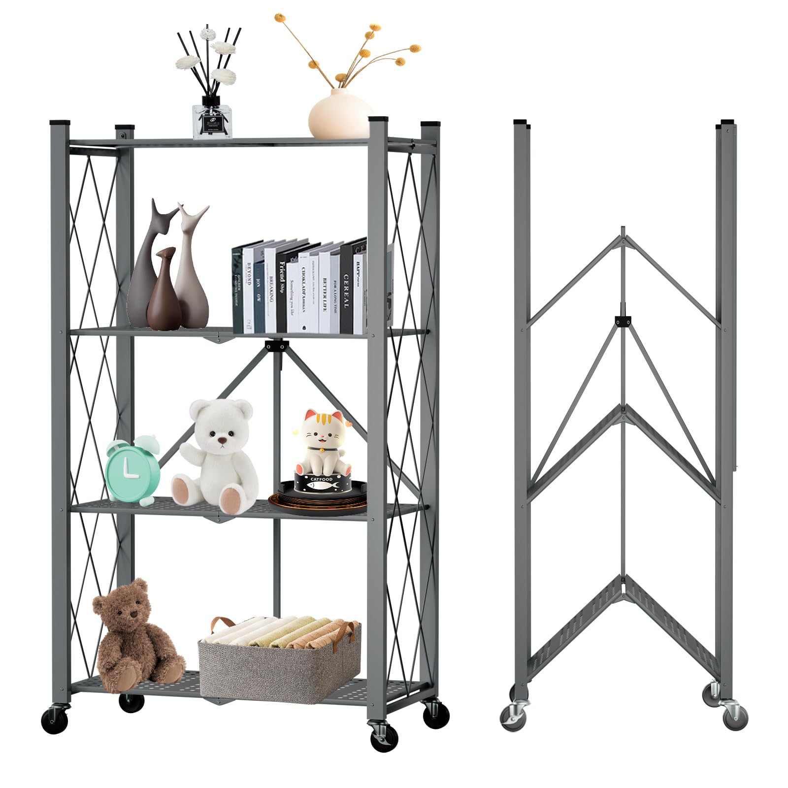 Yuanjimi 4 Tier Foldable Storage Shelf with Wheels, Heavy Duty Garage Shelving Unit Loads 600 LBS, Metal Steel Collapsible Shelves, Rolling Standing Utility Rack for Kitchen, Pantry, Office, Dark Grey