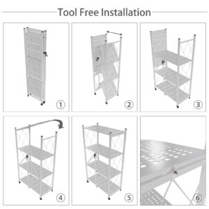 Yuanjimi 4 Tier Foldable Storage Shelf with Wheels, Heavy Duty Garage Shelving Unit Loads 600 LBS, Metal Steel Collapsible Shelves, Rolling Standing Utility Rack for Kitchen, Pantry, Office, Dark Grey