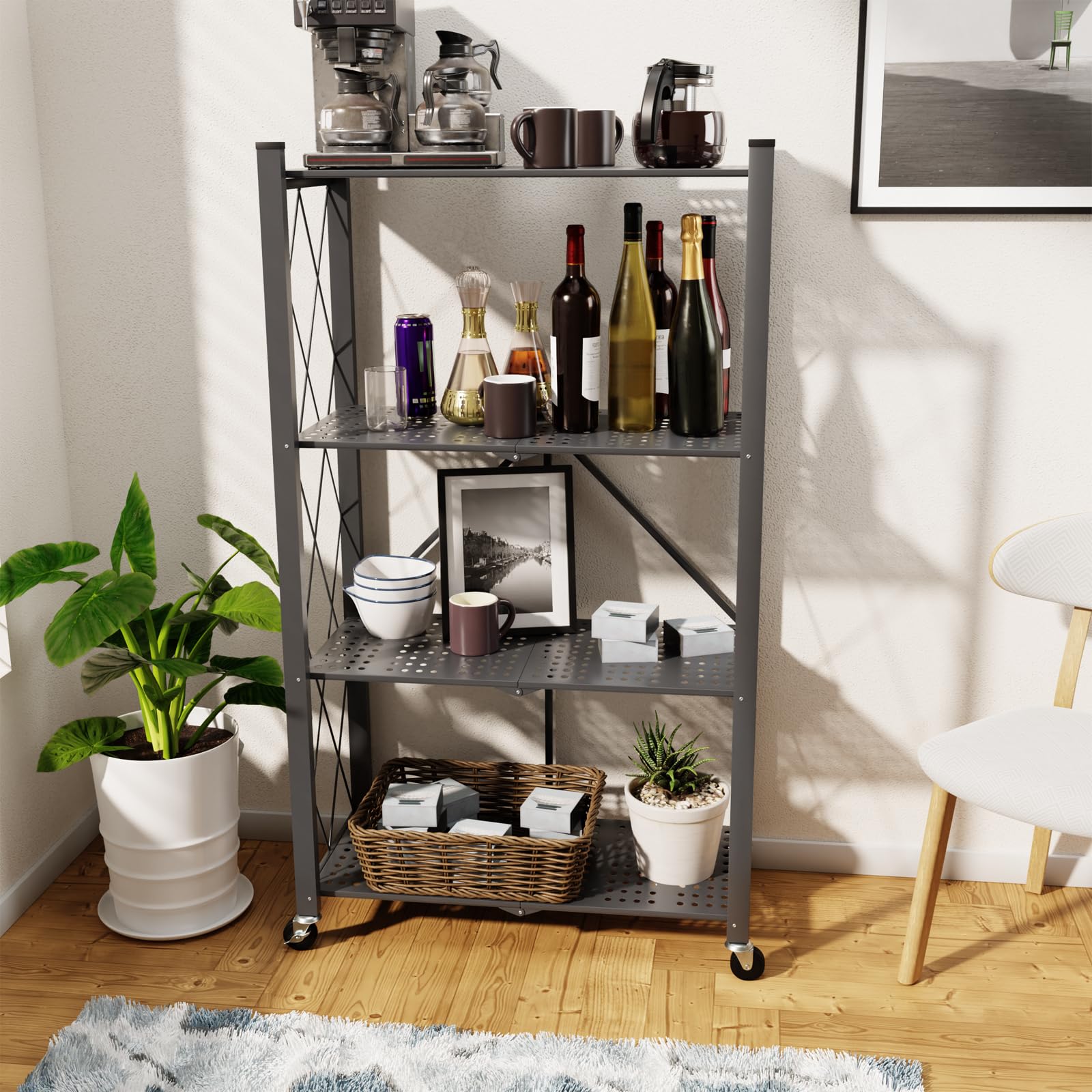 Yuanjimi 4 Tier Foldable Storage Shelf with Wheels, Heavy Duty Garage Shelving Unit Loads 600 LBS, Metal Steel Collapsible Shelves, Rolling Standing Utility Rack for Kitchen, Pantry, Office, Dark Grey