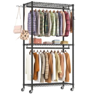 hyseyy clothing racks for hanging clothes load 420 lbs, heavy duty clothes garment rack, rolling clothes wardrobe closet rack, metal freestanding clothing rack with shelves & wheels, black