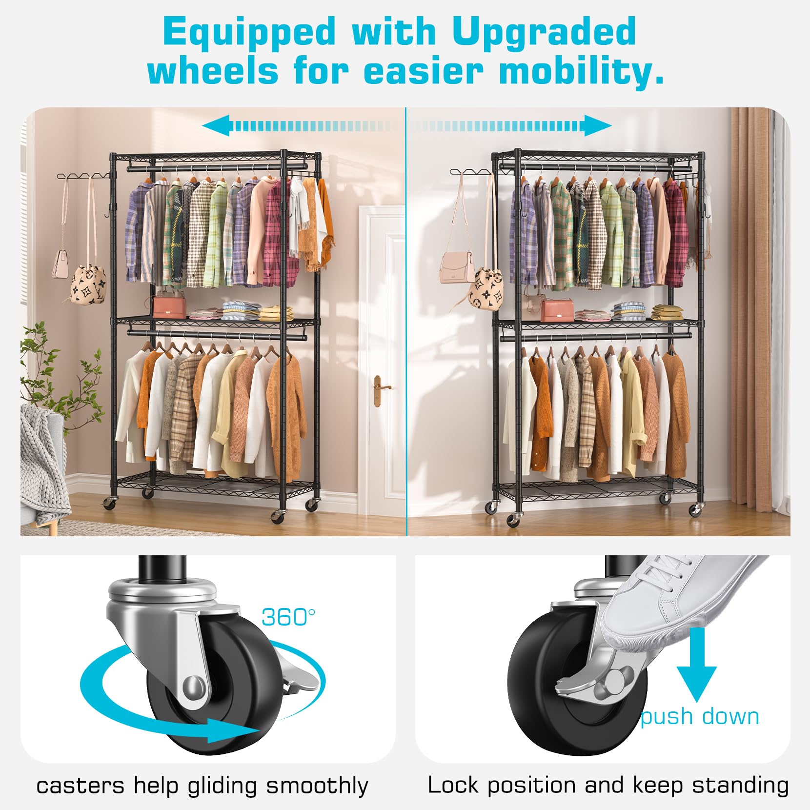 HYSEYY Clothing Racks for Hanging Clothes Load 420 LBS, Heavy Duty Clothes Garment Rack, Rolling Clothes Wardrobe Closet Rack, Metal Freestanding Clothing Rack with Shelves & Wheels, Black