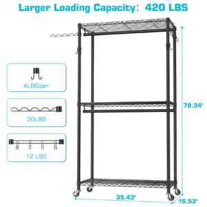 HYSEYY Clothing Racks for Hanging Clothes Load 420 LBS, Heavy Duty Clothes Garment Rack, Rolling Clothes Wardrobe Closet Rack, Metal Freestanding Clothing Rack with Shelves & Wheels, Black