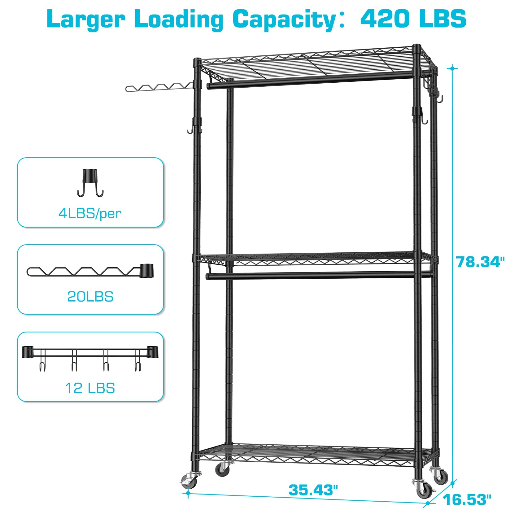 HYSEYY Clothing Racks for Hanging Clothes Load 420 LBS, Heavy Duty Clothes Garment Rack, Rolling Clothes Wardrobe Closet Rack, Metal Freestanding Clothing Rack with Shelves & Wheels, Black