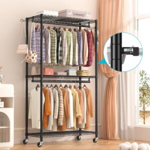 HYSEYY Clothing Racks for Hanging Clothes Load 420 LBS, Heavy Duty Clothes Garment Rack, Rolling Clothes Wardrobe Closet Rack, Metal Freestanding Clothing Rack with Shelves & Wheels, Black