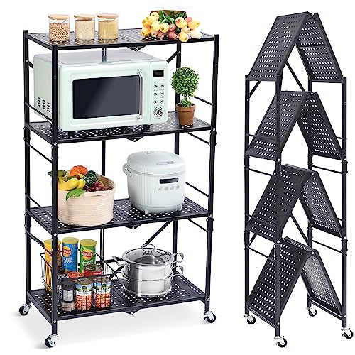 TOOLF Foldable 4-Tier Storage Shelving Unit with Lockable Wheels, Space-Saving Organizer Rack for Home and Office, Freestanding Metal Rack, 1 Piece, Black