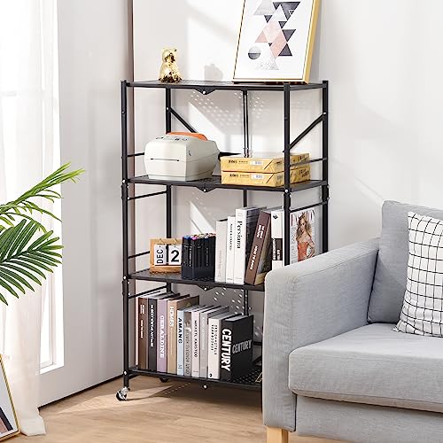 TOOLF Foldable 4-Tier Storage Shelving Unit with Lockable Wheels, Space-Saving Organizer Rack for Home and Office, Freestanding Metal Rack, 1 Piece, Black