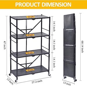 TOOLF Foldable 4-Tier Storage Shelving Unit with Lockable Wheels, Space-Saving Organizer Rack for Home and Office, Freestanding Metal Rack, 1 Piece, Black