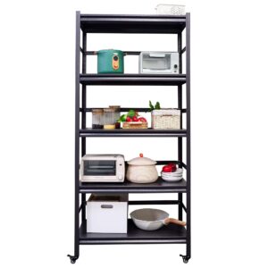 stelsipliy 5-tier metal storage shelves with wheels, heavy duty metal shelving unit, rolling kitchen adjustable shelves for kitchen, bathroom, garage, pantry, easy assembly, black