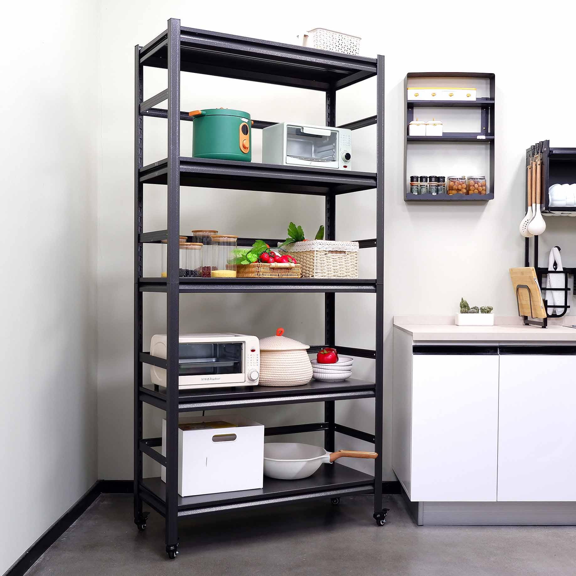 STELSIPLIY 5-Tier Metal Storage Shelves with Wheels, Heavy Duty Metal Shelving Unit, Rolling Kitchen Adjustable Shelves for Kitchen, Bathroom, Garage, Pantry, Easy Assembly, Black