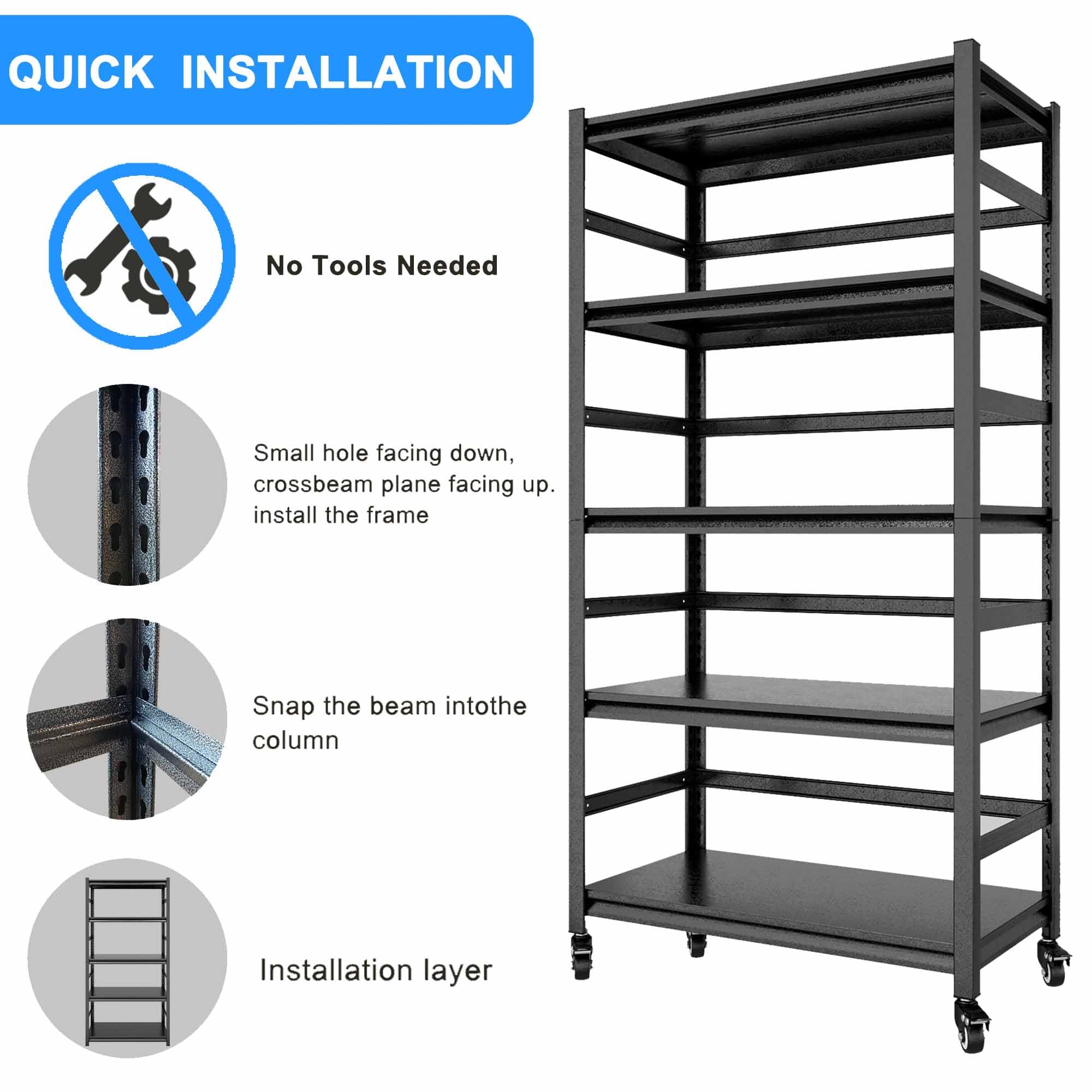 STELSIPLIY 5-Tier Metal Storage Shelves with Wheels, Heavy Duty Metal Shelving Unit, Rolling Kitchen Adjustable Shelves for Kitchen, Bathroom, Garage, Pantry, Easy Assembly, Black