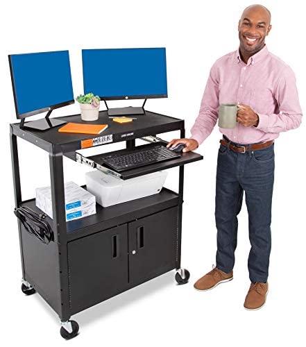 Line Leader Extra Wide AV Cart with Locking Cabinet, Rolling Computer Desk, Height Adjustable Utility Cart with Pullout Keyboard Tray & UL-Listed Power Strip, Great for Projectors (42 x 32 x 20in)