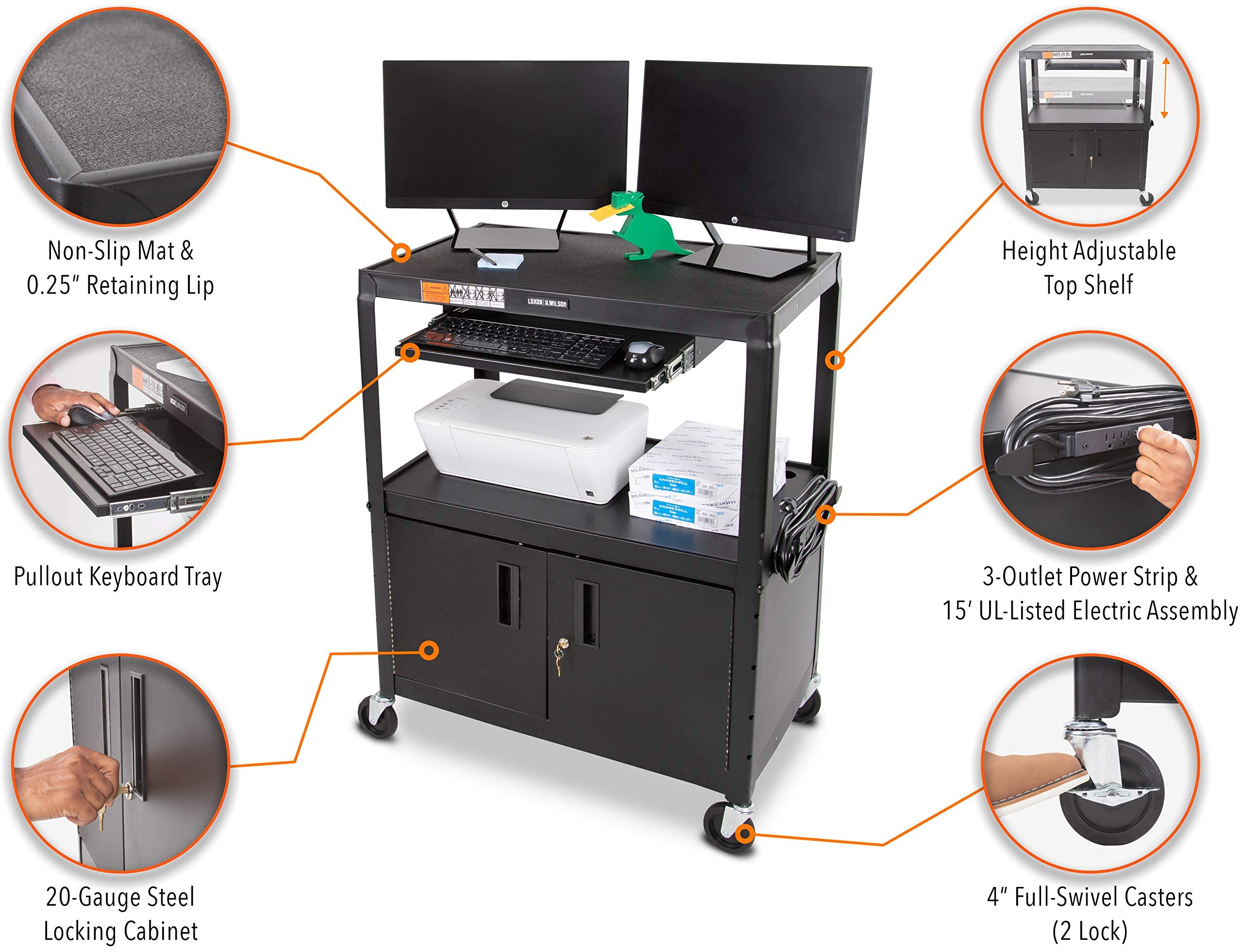 Line Leader Extra Wide AV Cart with Locking Cabinet, Rolling Computer Desk, Height Adjustable Utility Cart with Pullout Keyboard Tray & UL-Listed Power Strip, Great for Projectors (42 x 32 x 20in)