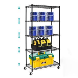 5 tier wire shelving rack with wheels, 5 tier black shelving unit with nsf certified, adjustable rolling storage metal shelves, 18"d x 35.5"w x 71"h, 330lbs capacity, for kitchen, pantry, garage