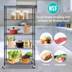 5 Tier Wire Shelving Rack with Wheels, 5 Tier Black Shelving Unit with NSF Certified, Adjustable Rolling Storage Metal Shelves, 18"D X 35.5"W X 71"H, 330Lbs Capacity, For Kitchen, Pantry, Garage