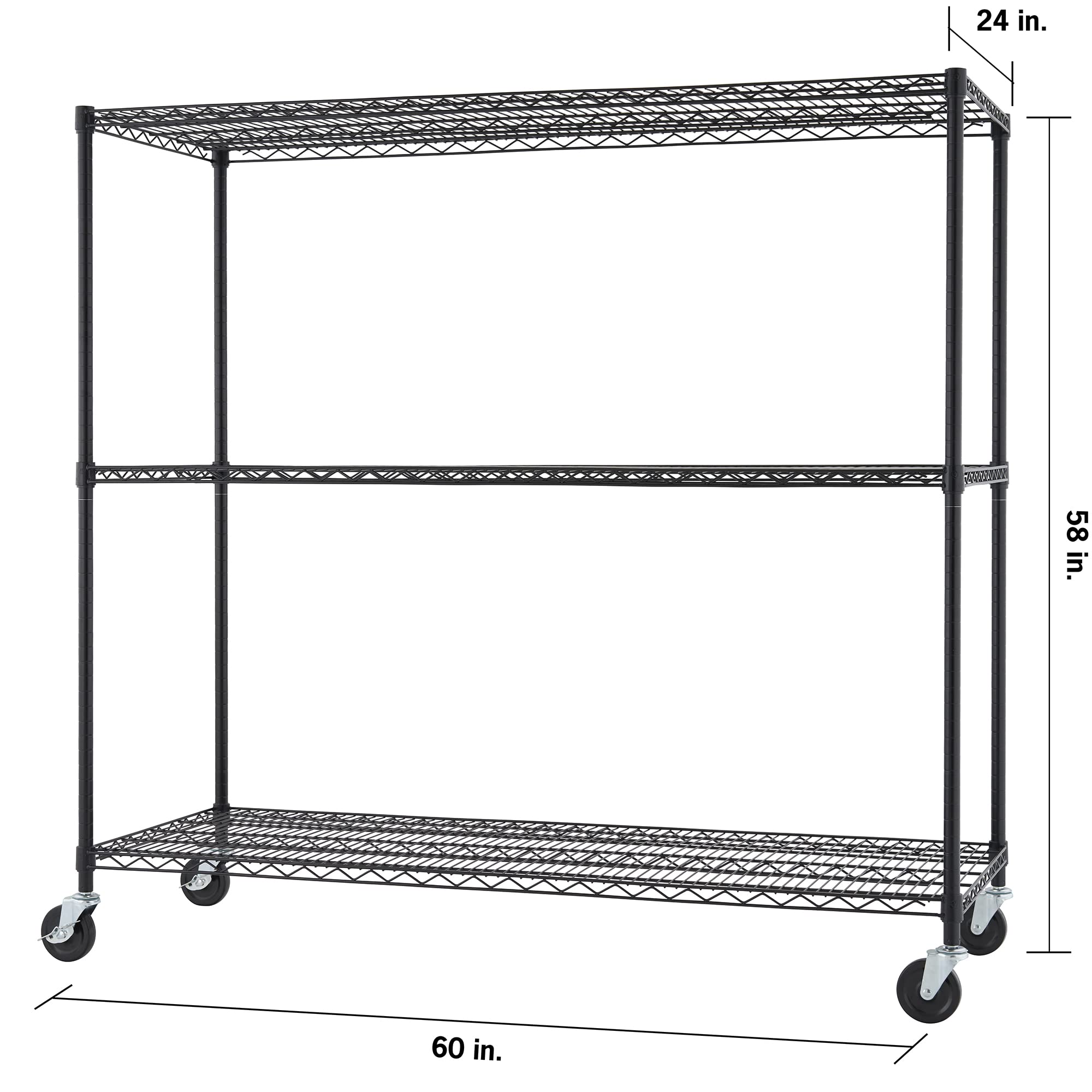 TRINITY Basics 3-Tier Adjustable Wire Shelving with Wheels for Kitchen Organization, Garage Storage, Laundry Room, NSF Certified, 600 to 1350 Pound Capacity, 60” by 24” by 54”, Black