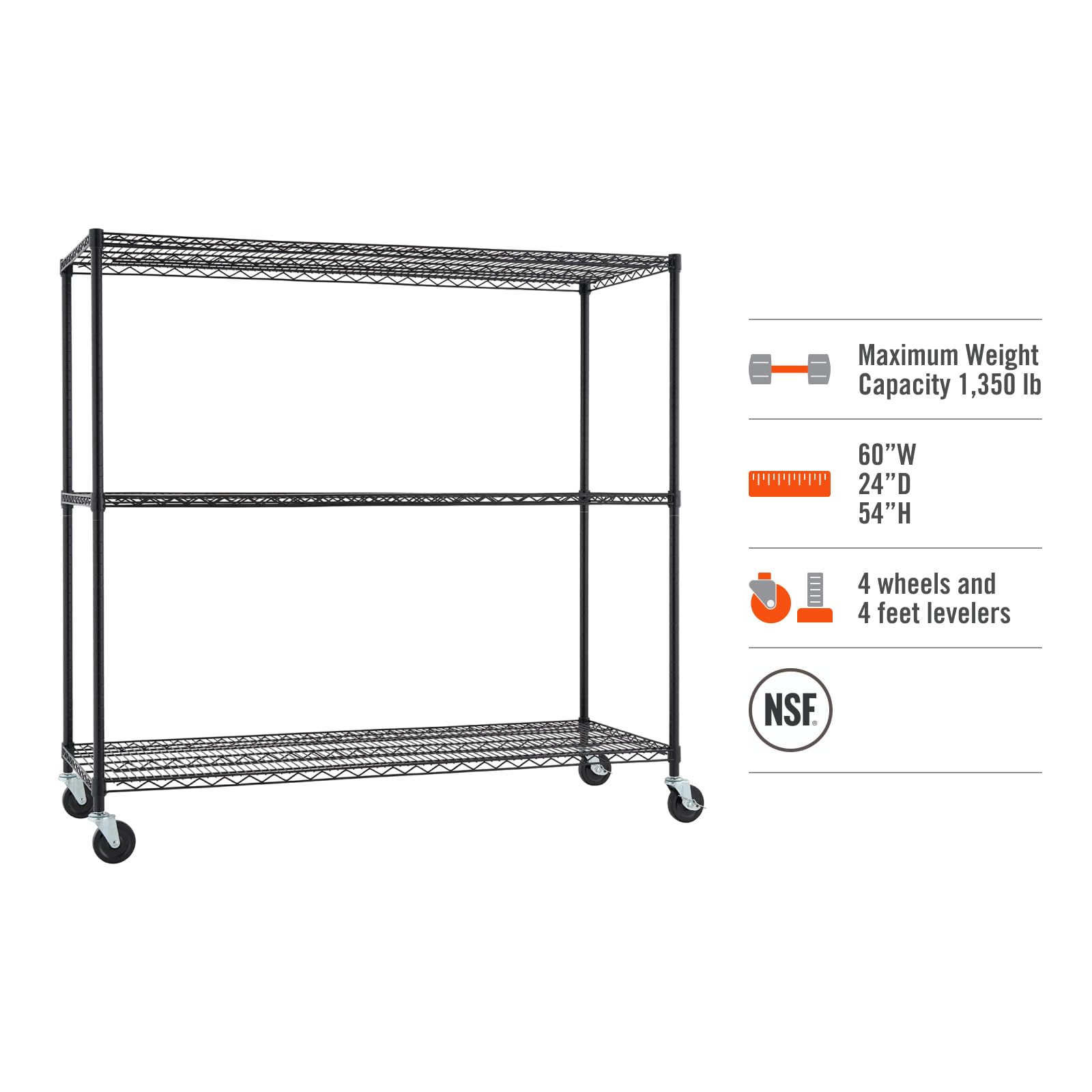 TRINITY Basics 3-Tier Adjustable Wire Shelving with Wheels for Kitchen Organization, Garage Storage, Laundry Room, NSF Certified, 600 to 1350 Pound Capacity, 60” by 24” by 54”, Black