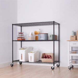 TRINITY Basics 3-Tier Adjustable Wire Shelving with Wheels for Kitchen Organization, Garage Storage, Laundry Room, NSF Certified, 600 to 1350 Pound Capacity, 60” by 24” by 54”, Black