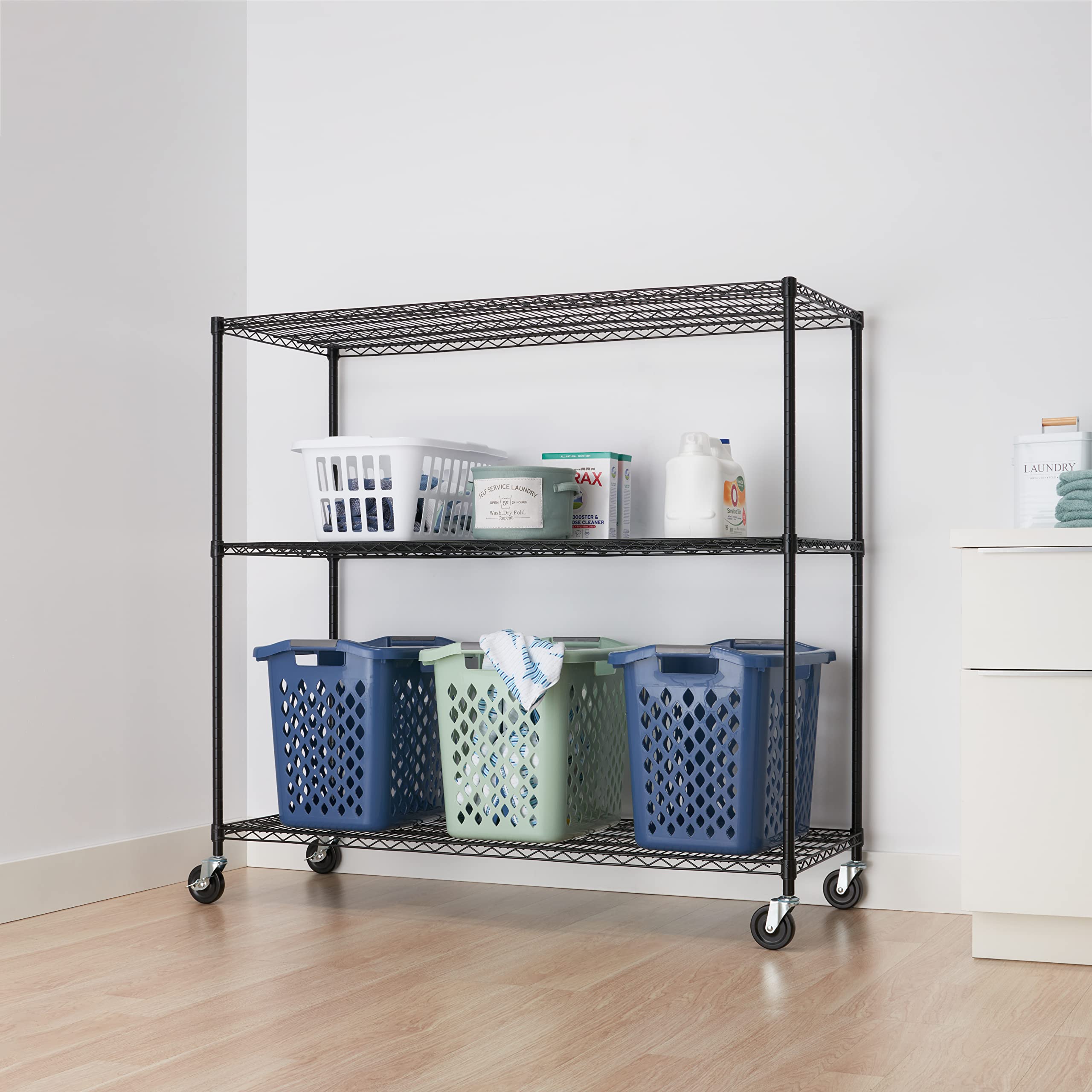 TRINITY Basics 3-Tier Adjustable Wire Shelving with Wheels for Kitchen Organization, Garage Storage, Laundry Room, NSF Certified, 600 to 1350 Pound Capacity, 60” by 24” by 54”, Black